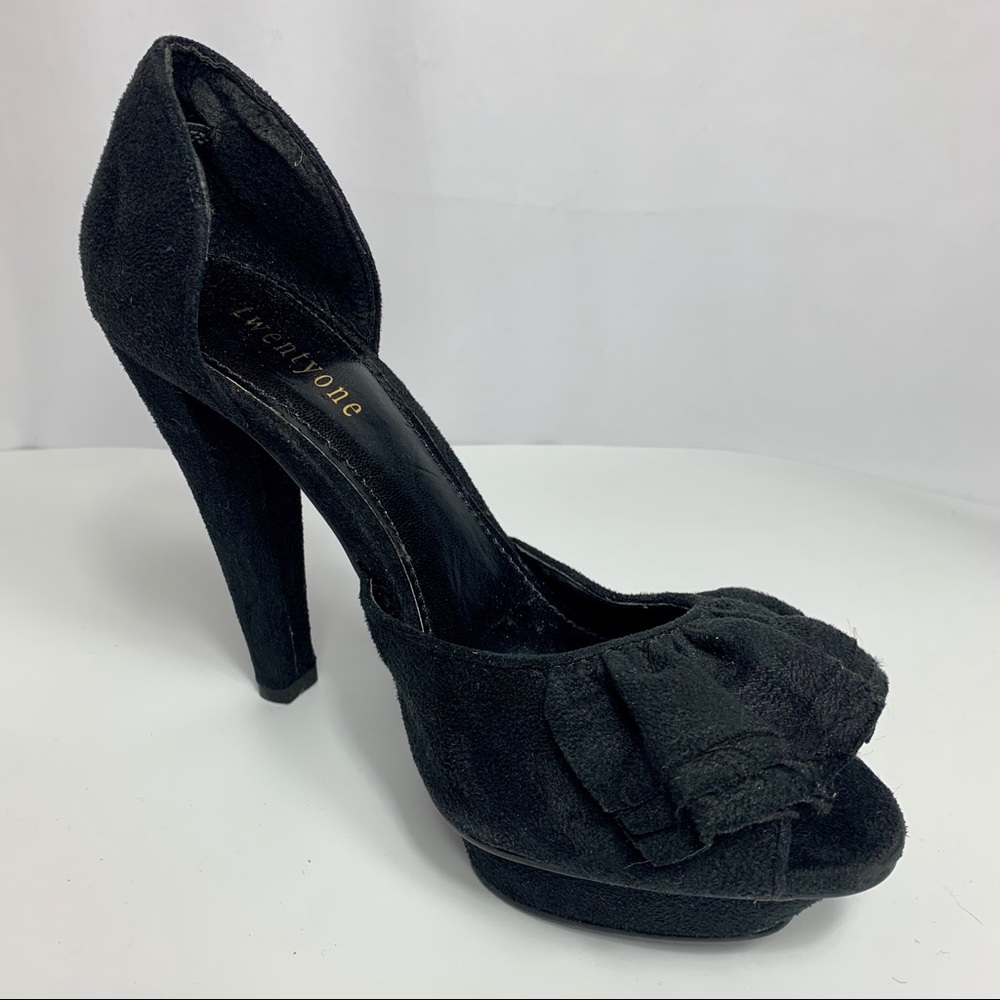 TWENTY ONE Platform Suede Peep Toe Heels w/Ruffles